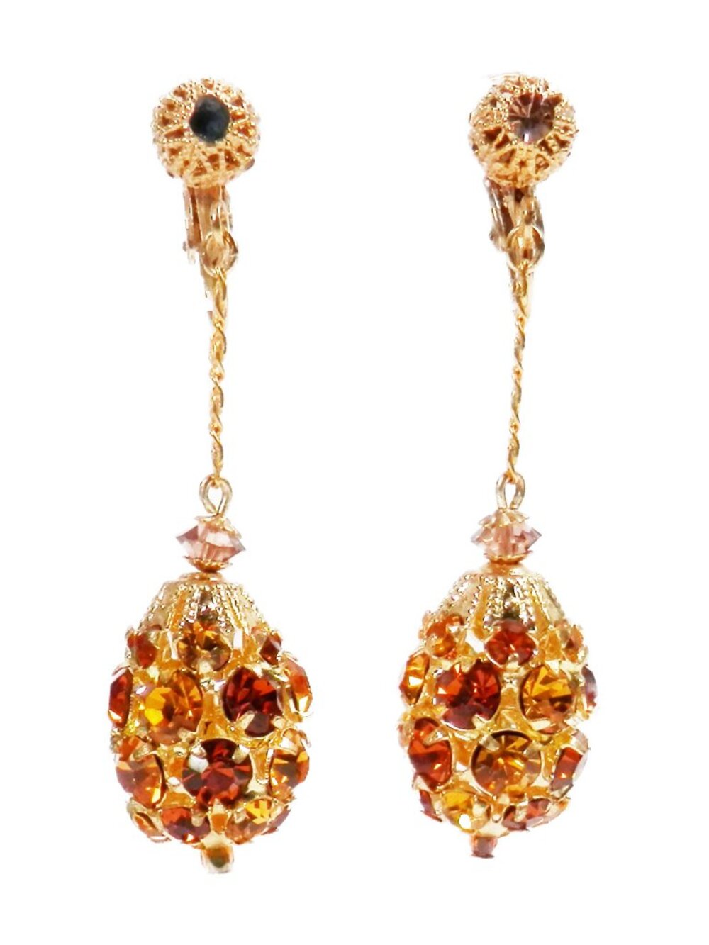 Vtg 60s Ornate Orange Amber Rhinestone Dangle Drop Ball Earrings Gold Clip On